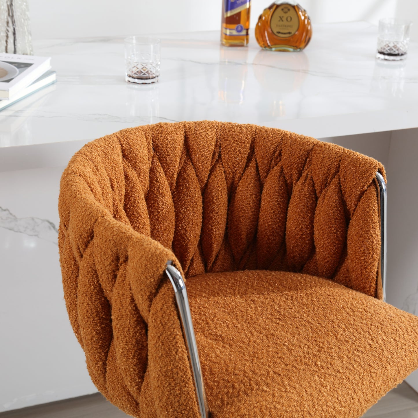 Bellavue Luxe - Set of 2 - 26" Swivel Counter Stools with Orange Boucle Upholstery and 360° Rotation