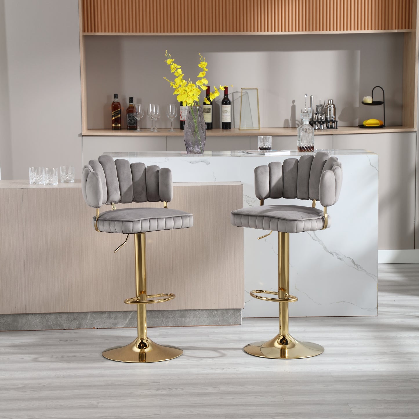 Solenith- Set of 2 - 24-33" Adjustable Velvet Swivel Bar Stools with Footrest and Gold Iron Legs in Grey