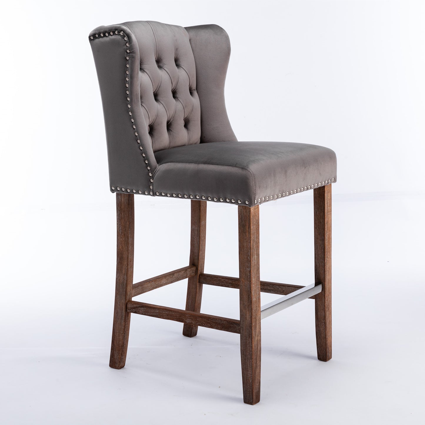 Elowyn - Set of 2 -  27" Grey Velvet Counter Height Bar Stools, Seat Height, Tufted Wingback Breakfast Chairs with Nailhead Trim and Wood Legs