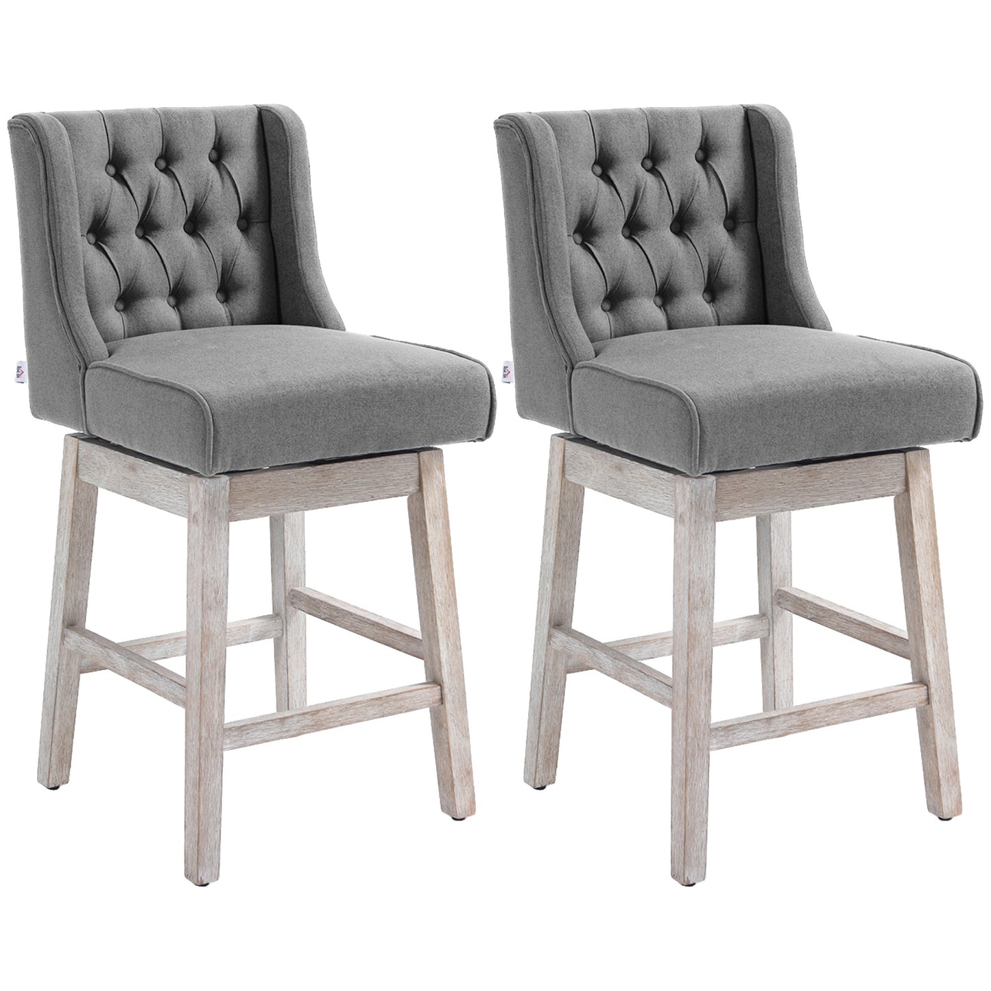 Ariana - Set of 2 - 27" Gray Swivel Bar Stools with Button-Tufted Back, Rubberwood Legs