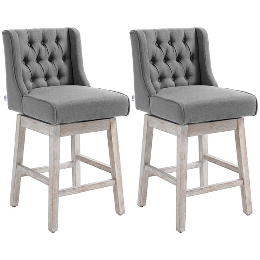 Ariana - Set of 2 - 27" Gray Swivel Bar Stools with Button-Tufted Back, Rubberwood Legs