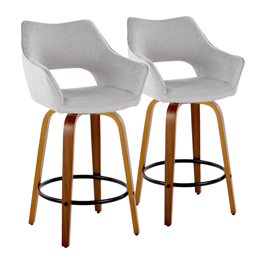 Monterey - Set of 2 - 24" Walnut Wood and Grey Fabric Counter Stools with 360° Swivel and Black Metal Footrest