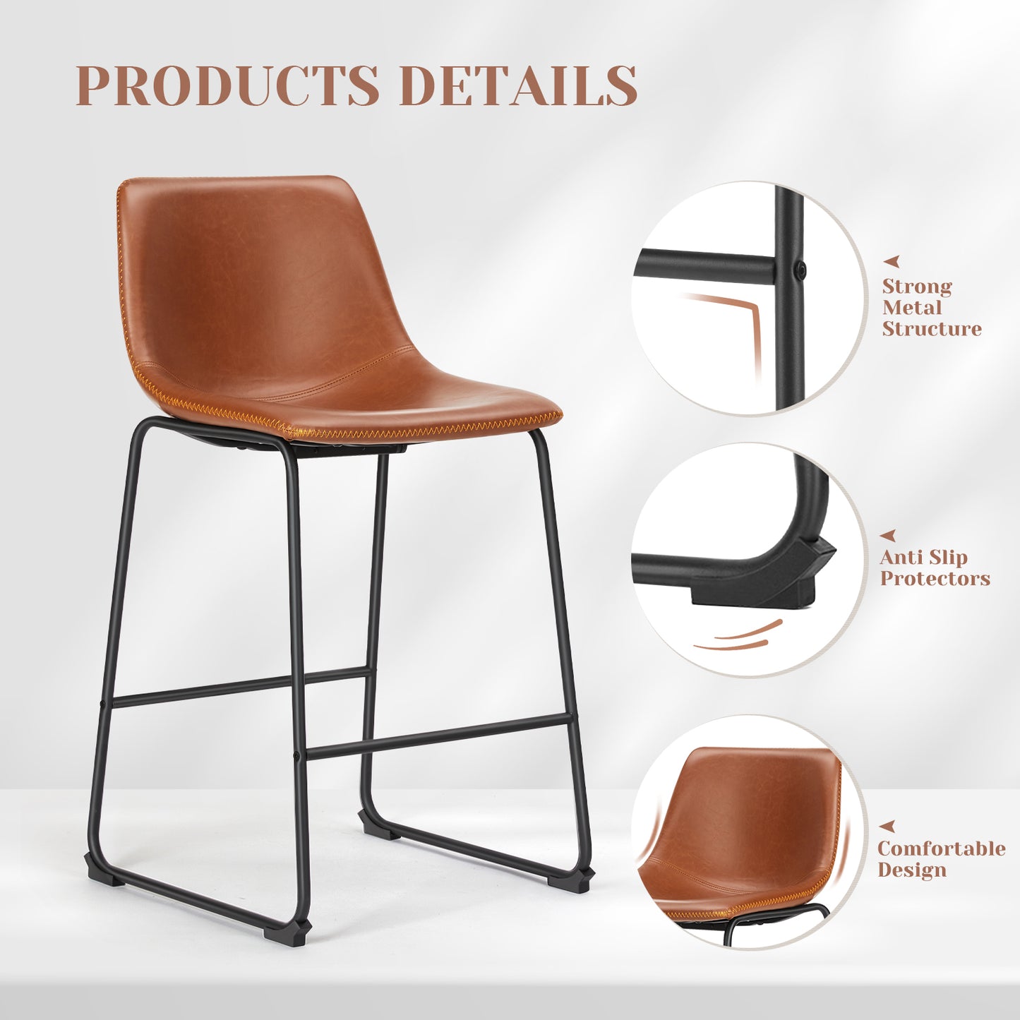 Lurinth - Set of 2 - 26" Counter Height Bar Stools with Back, Waterproof Polyurethane Leather, Metal Legs, Modern Design