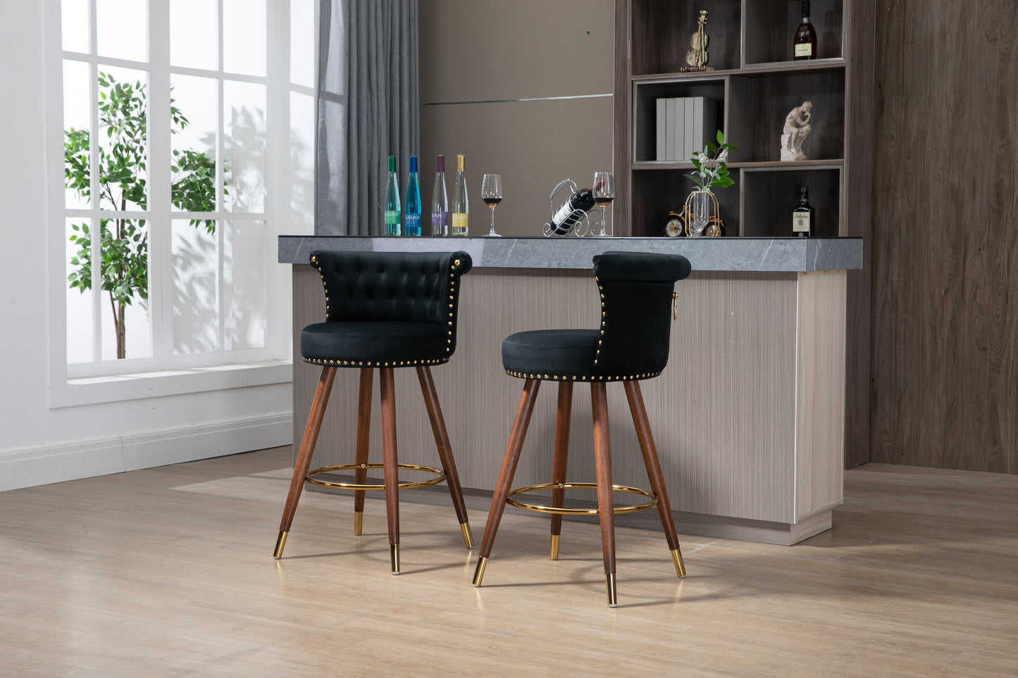 Arin - Set of 2 - 28" Seat Height, Black Swivel Counter Height Bar Stools, 360° with Backrest and Footrest, Light Brown Solid Wood Legs, Retro Design