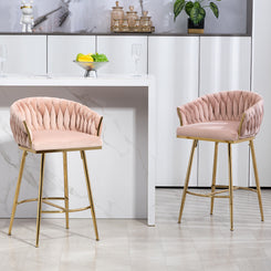 Calista - Set of 2 - 26" Pink Velvet Counter Height Bar Stools with Hand-Wave Back, Golden Chrome Base, and Footrest