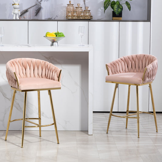 Calista - Set of 2 - 26" Pink Velvet Counter Height Bar Stools with Hand-Wave Back, Golden Chrome Base, and Footrest