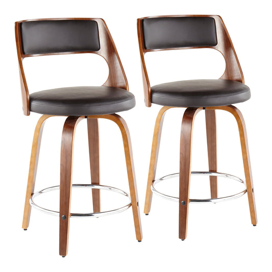 Ostrelle - Set of 2 - 24" Walnut Counter Stools with Brown Faux Leather Seat and Swivel Design