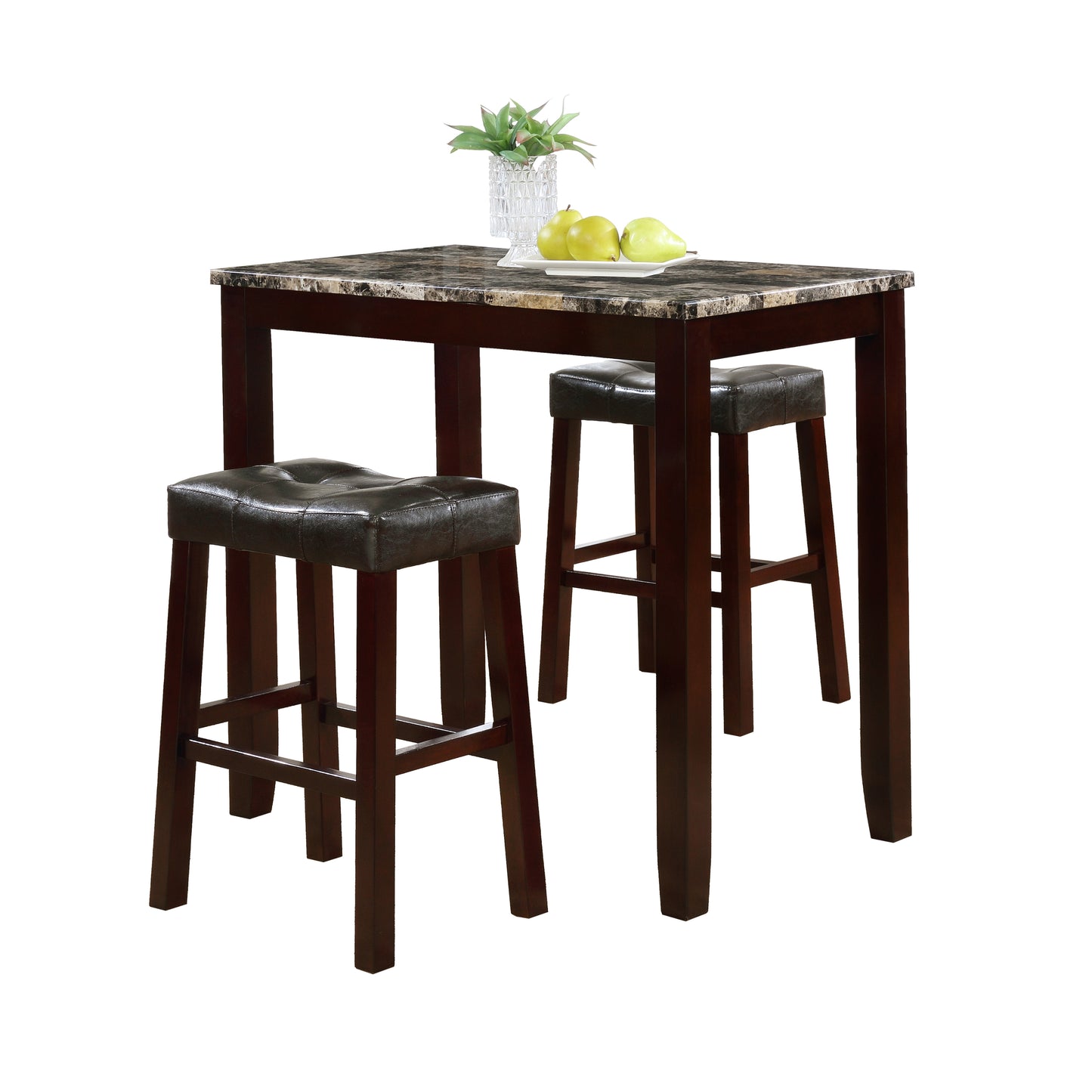 Solenza- Set of 2,26 Counter Stools & Table " Espresso Marble Dining Set