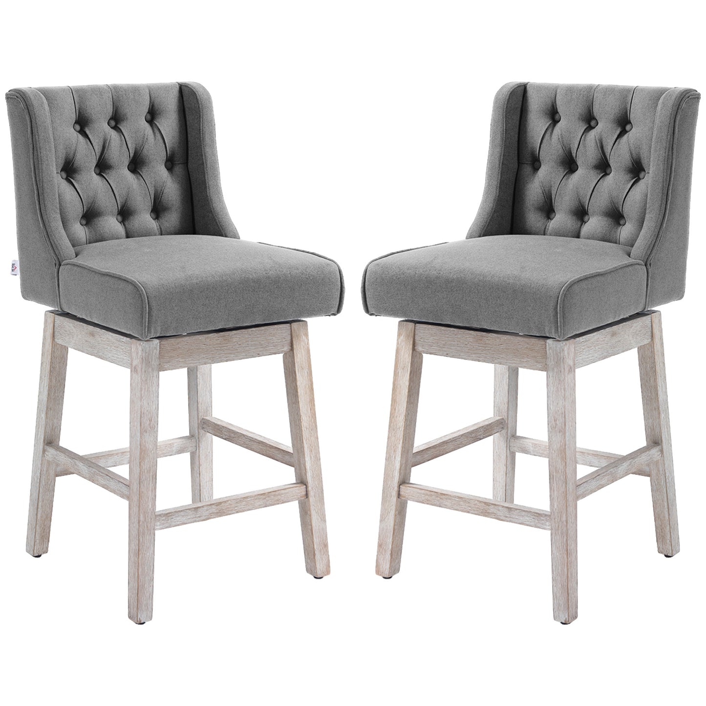 Ariana - Set of 2 - 27" Gray Swivel Bar Stools with Button-Tufted Back, Rubberwood Legs