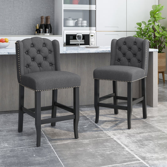 Videssa - Set of 2 - 27" Wingback Counter Stools with Charcoal Fabric & Dark Brown Rubberwood