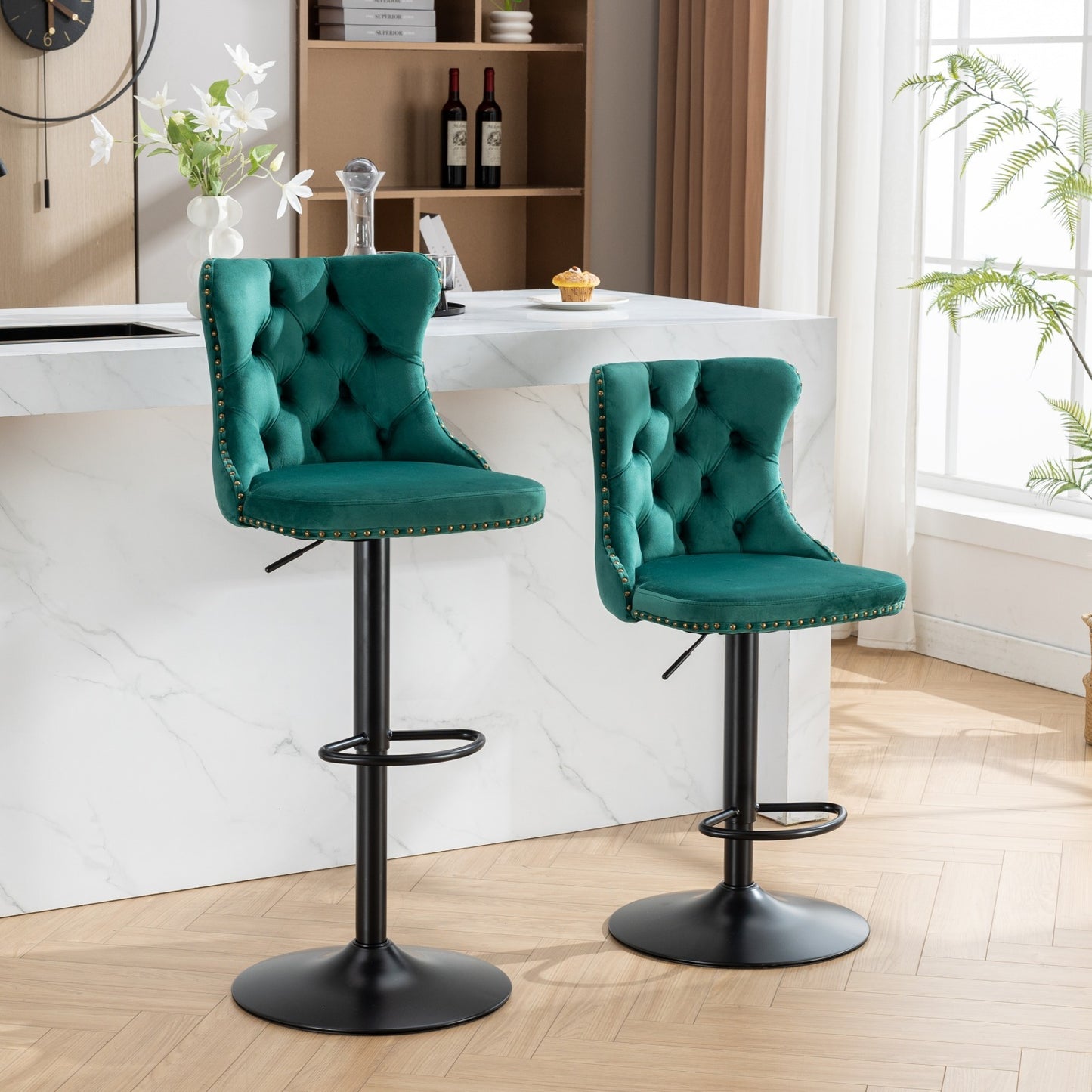 Luxury  - Set of 2 - 25" Green Velvet Swivel Barstools with Adjustable Seat Height, Upholstered Tufted Chairs & Copper Nailheads