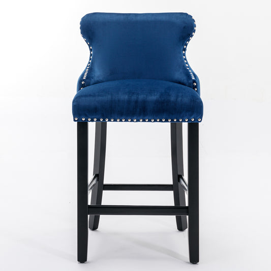 Milborah - Set of 2 - 29" Blue Velvet Wing-Back Bar Stools with Button-Tufted Design and Chrome Nailhead Trim