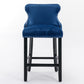 Emilia - Set of 2 - 27" Blue Velvet Upholstered Wing-Back Bar Stools with Button Tufted Decoration and Wooden Legs, Chrome Nailhead Trim