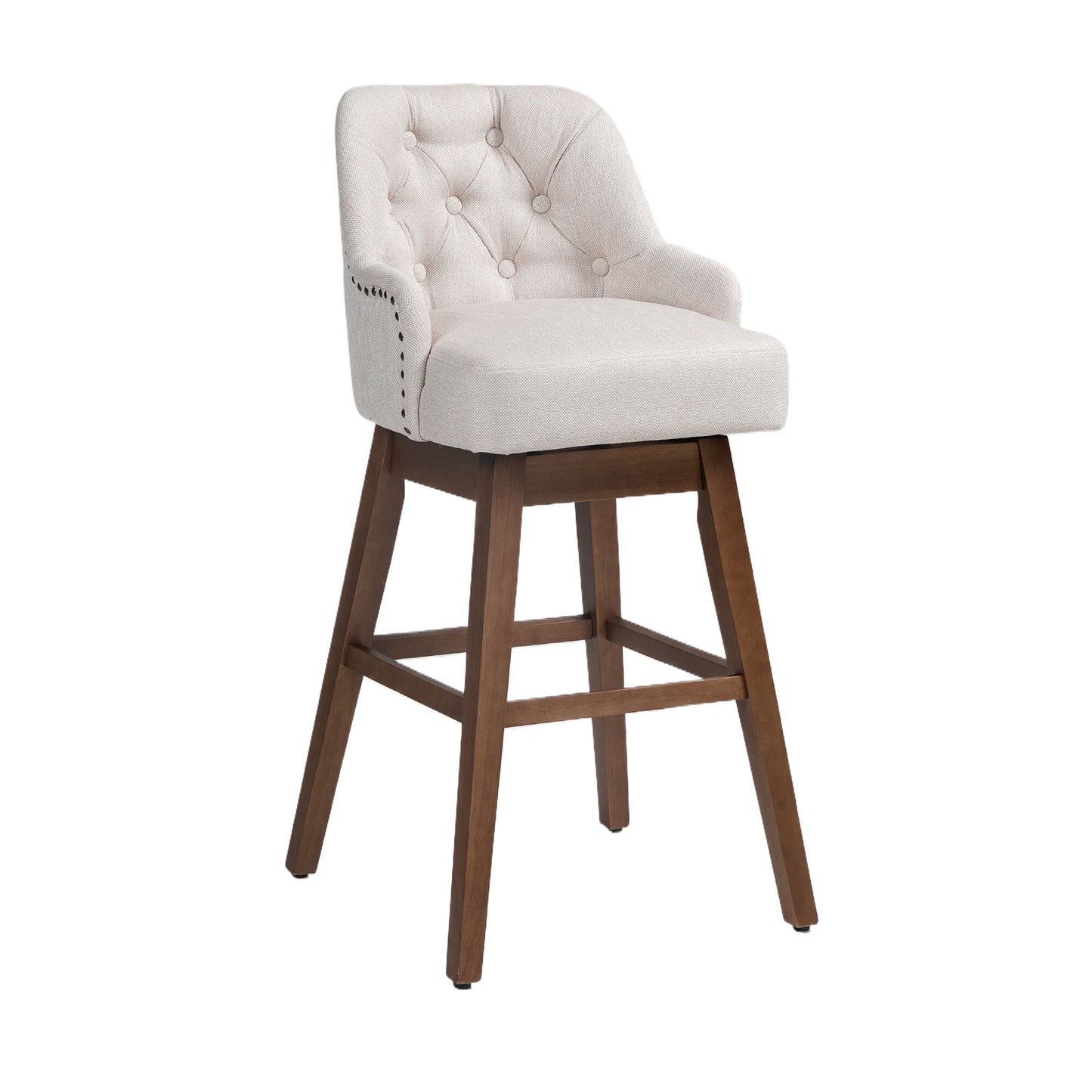 Hearth - Set of 2 - 29" Beige Linen Swivel Bar Stools with High Back and Solid Wood Legs