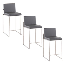 Lydia - Set of 3 - 26" Grey Faux Leather High-Back Counter Stools with Stainless Steel Frame