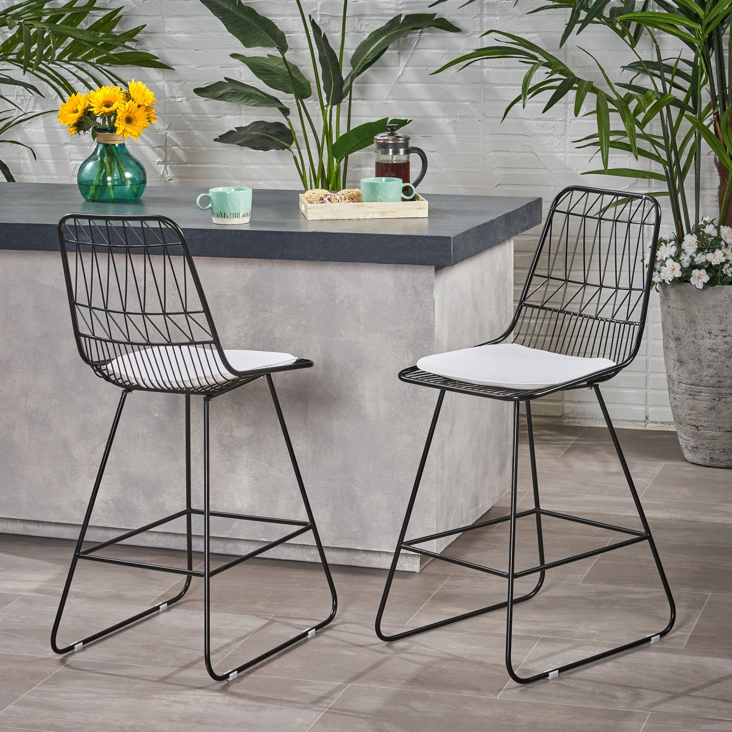 Niez - Set of 2 - 26" Black and Ivory Wire Counter Stools with Cushions