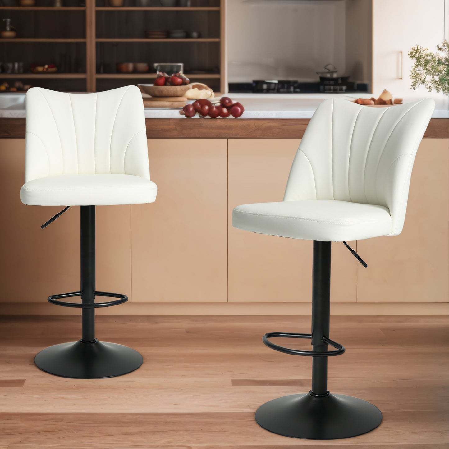 Larkin - Set of 2 - 24-33" Adjustable Faux Leather Counter Stools, Modern Armless Chairs with Glossy Iron Legs