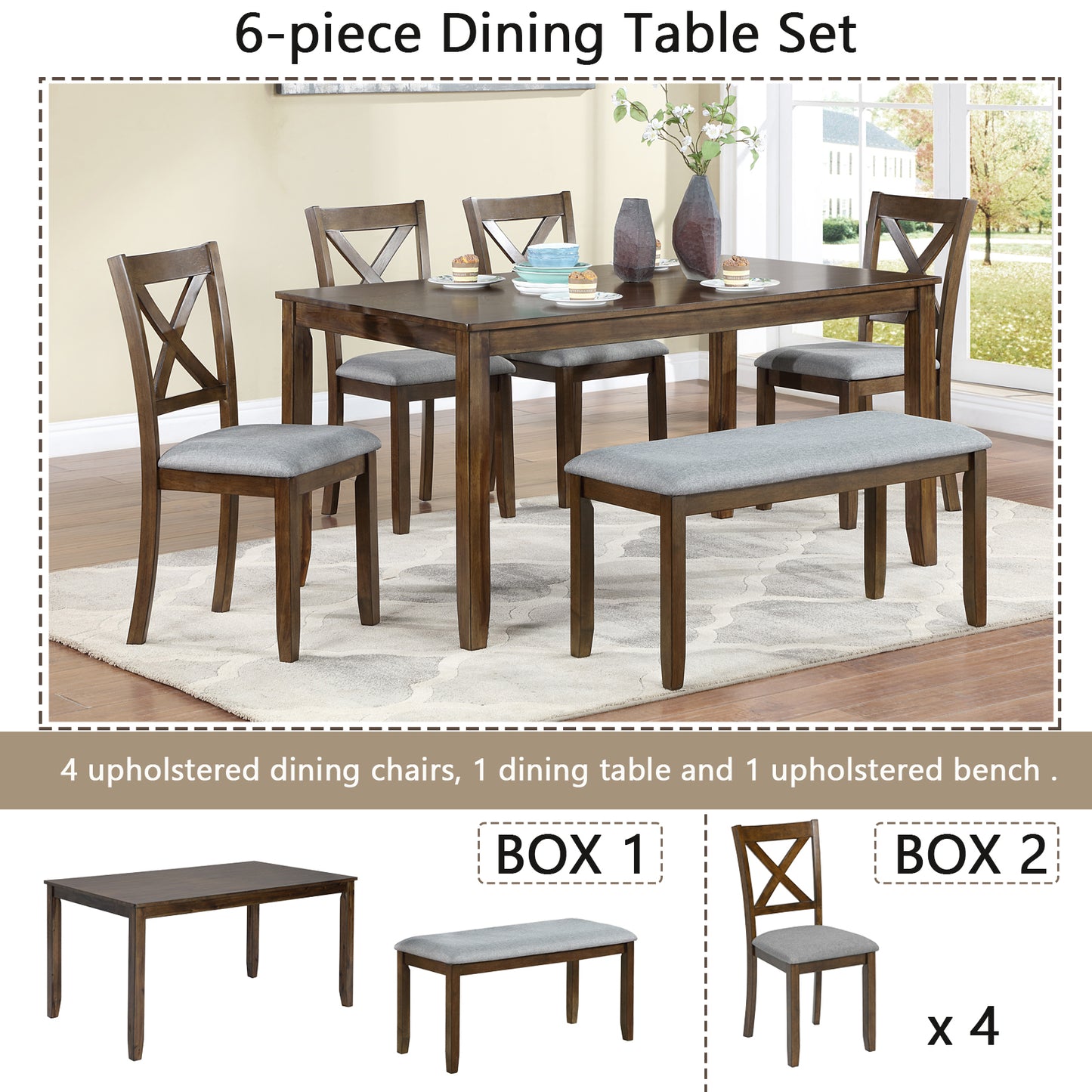 Walnut - Set of 6 - 24" Kitchen Dining Set – Rectangular Table with Upholstered Chairs & Bench, Acacia Wood, Seats 6 (58.5'' x 34.5'' x 30'')