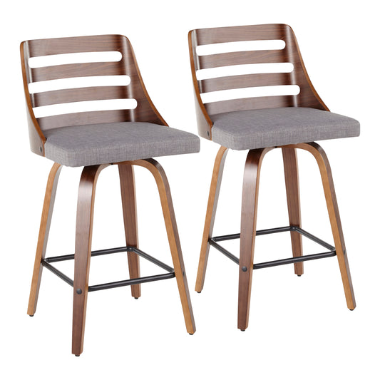 Trevi - Set of 2 - 24" Walnut Wood Mid-Century Modern Counter Stools with Grey Fabric Upholstery and Slotted Curved Back