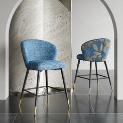 Loressa - Set of 2 - 28" Blue Jacquard Counter Height Bar Stools, Modern Wingback Design, Metal Frame with Black & Gold Footrests