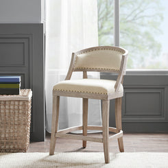 Tuscan - Set of 2 - 27" Counter Stools in Natural Polyester with Bronze Nailhead Trim and Reclaimed Biscuit Wood Legs