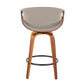 Lyrion - Set of 2 - 24" Walnut & Grey Faux Leather Mid-Century Modern Counter Stools with 360° Swivel