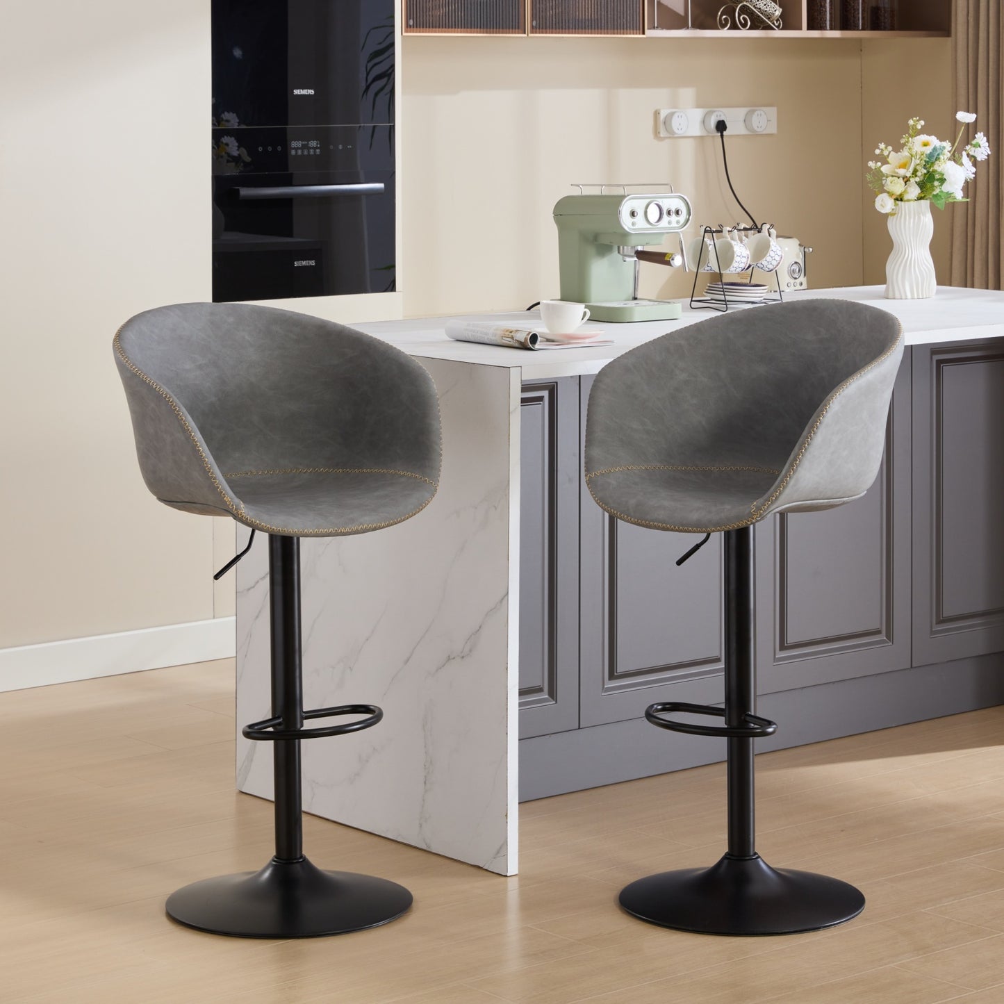 Garlandy - Set of 2 - 24'' - Adjustable Swivel Bar Stools - Mid-Century Modern PU Leather Counter Height Chairs with Ergonomic Backrest and 360° Rotation