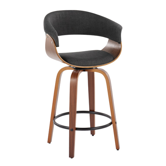 Lyle - Set of 2 - 26" Mid-Century Modern Swivel Counter Stools in Walnut Wood and Charcoal Fabric with Black Metal Footrest