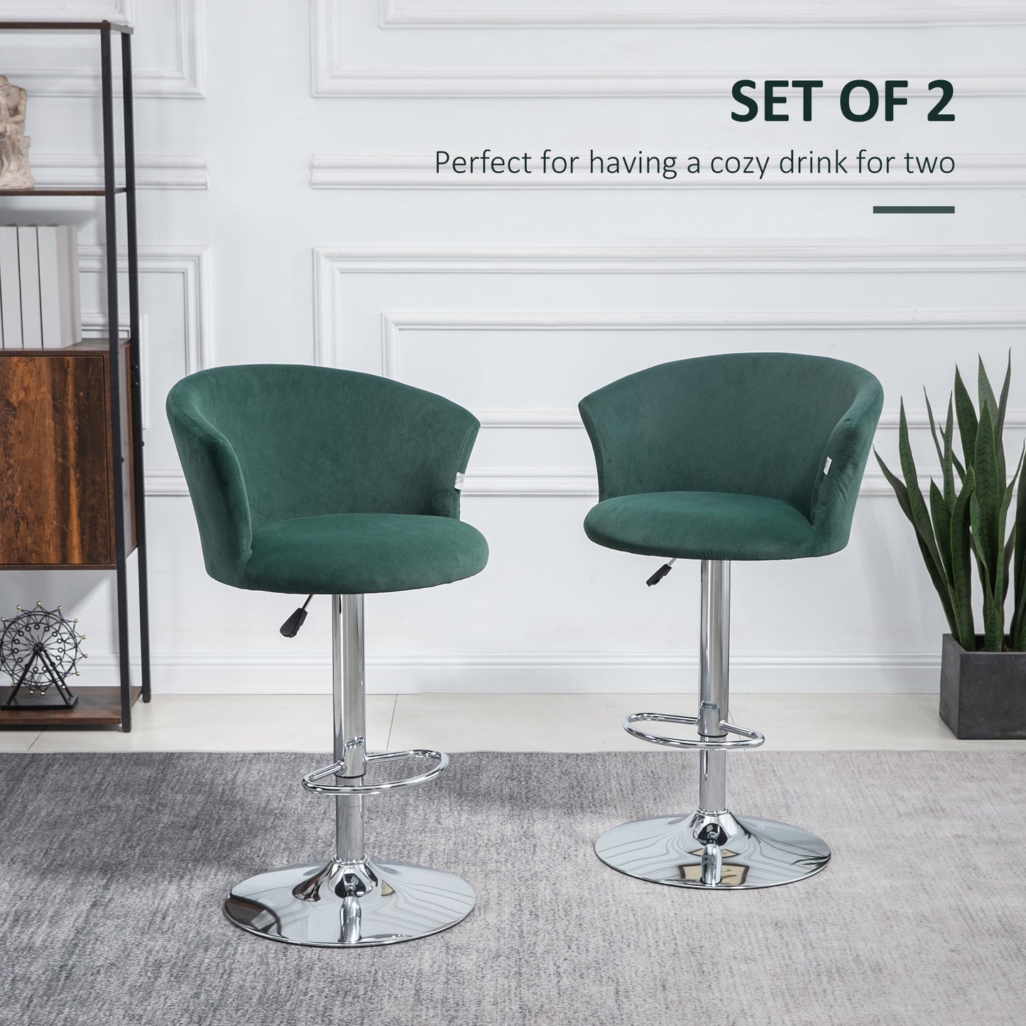 Harkins - Set of 2- 25" Adjustable Swivel Bar Stools, Dark Green Velvet Upholstery, Counter Height with Footrest (22.8" x 22.8" x 42.5") for Kitchen or Dining Room