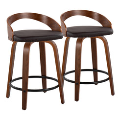 Gregor - Set of 2 - 24" Walnut Wood Mid-Century Modern Counter Stools with Brown Faux Leather and Swivel