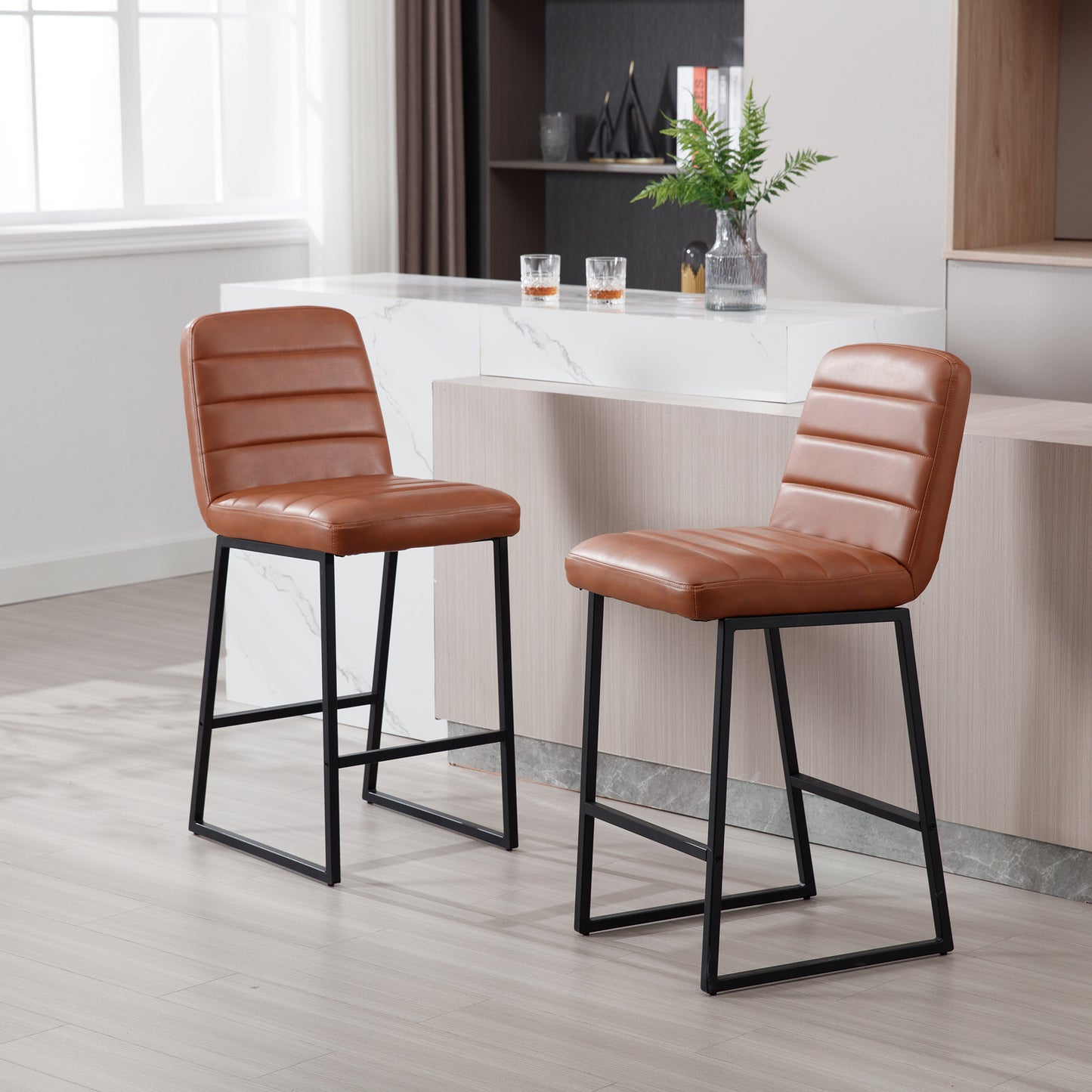 Hartfield - Set of 2 - 27" Brown PU Leather Bar Stools with Footrest - Modern Kitchen & Breakfast Bar Stools, Comfortable Low Back Design