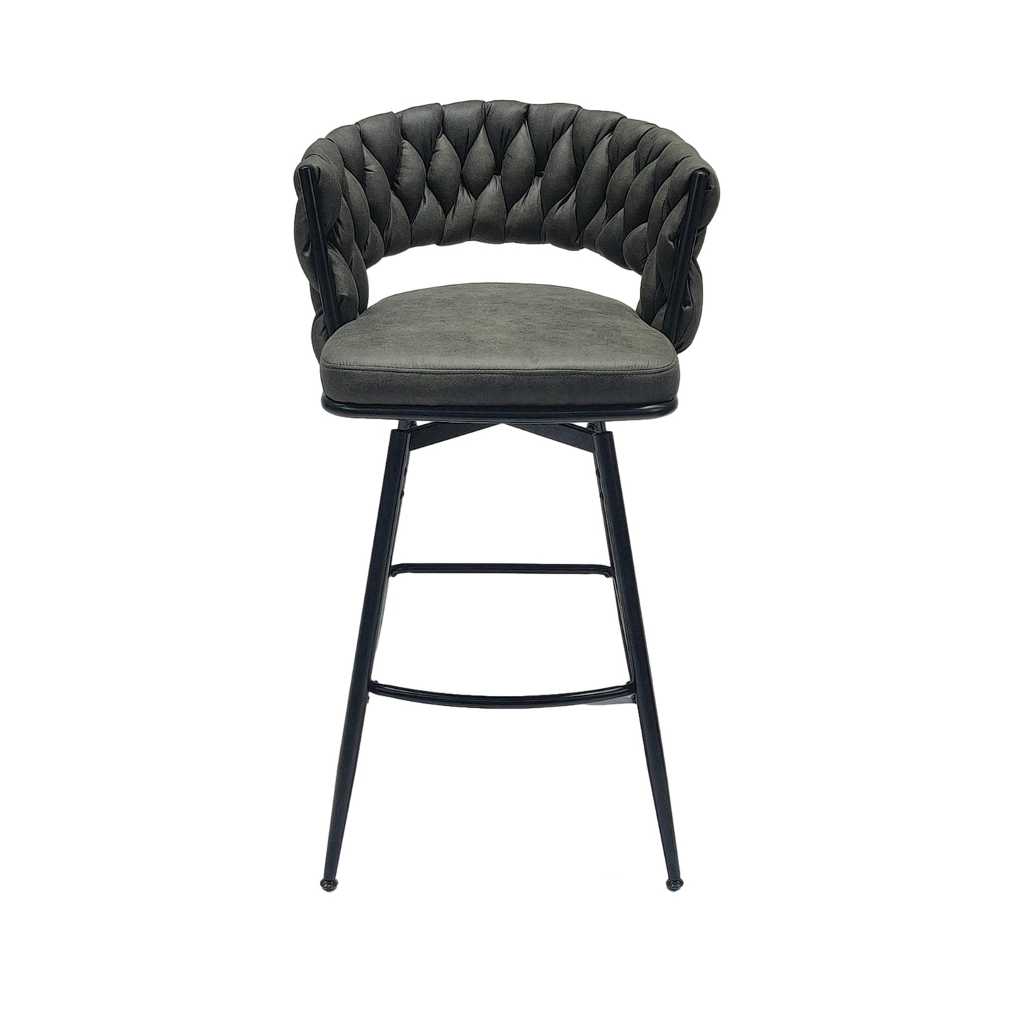 Gatsby - Set of 4 - 28" Tan Woven Leather Bar Stools with 360° Swivel Upholstered Counter Chairs, Back, and Black Metal Legs