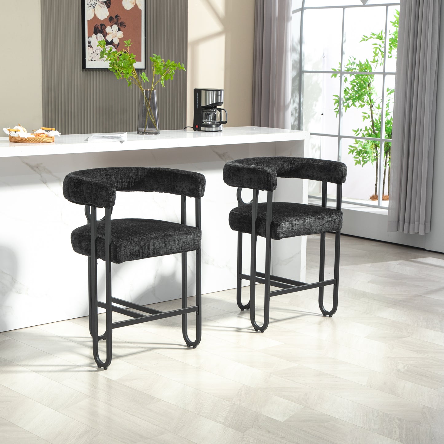 Lynsandra - Set of 2 - 24" Black Chenille Upholstered Bar Stools with Curved Backrest and Black Metal Legs