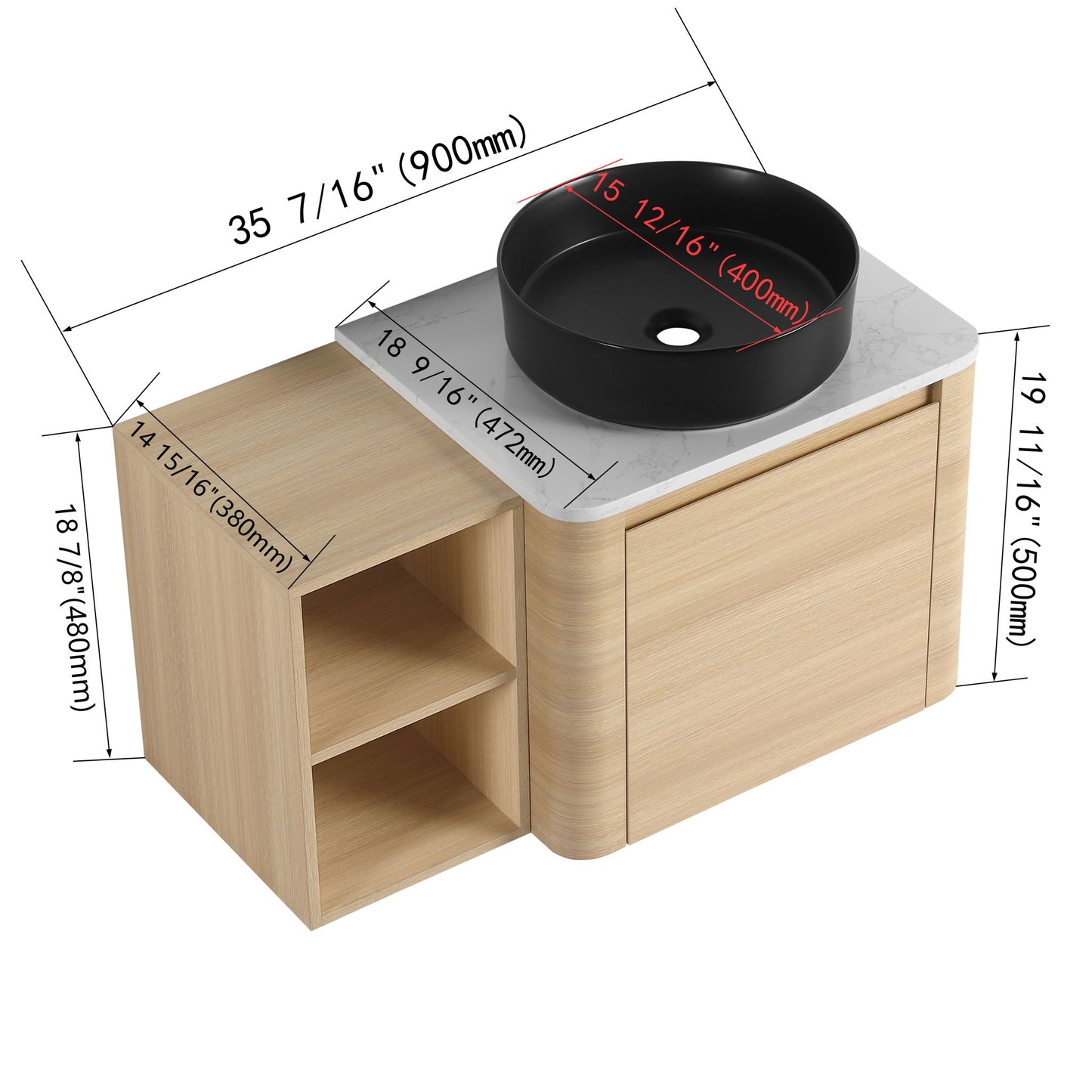 Mounted Bathroom Vanity With Art Sink, Storage Shelves, Soft Close Door