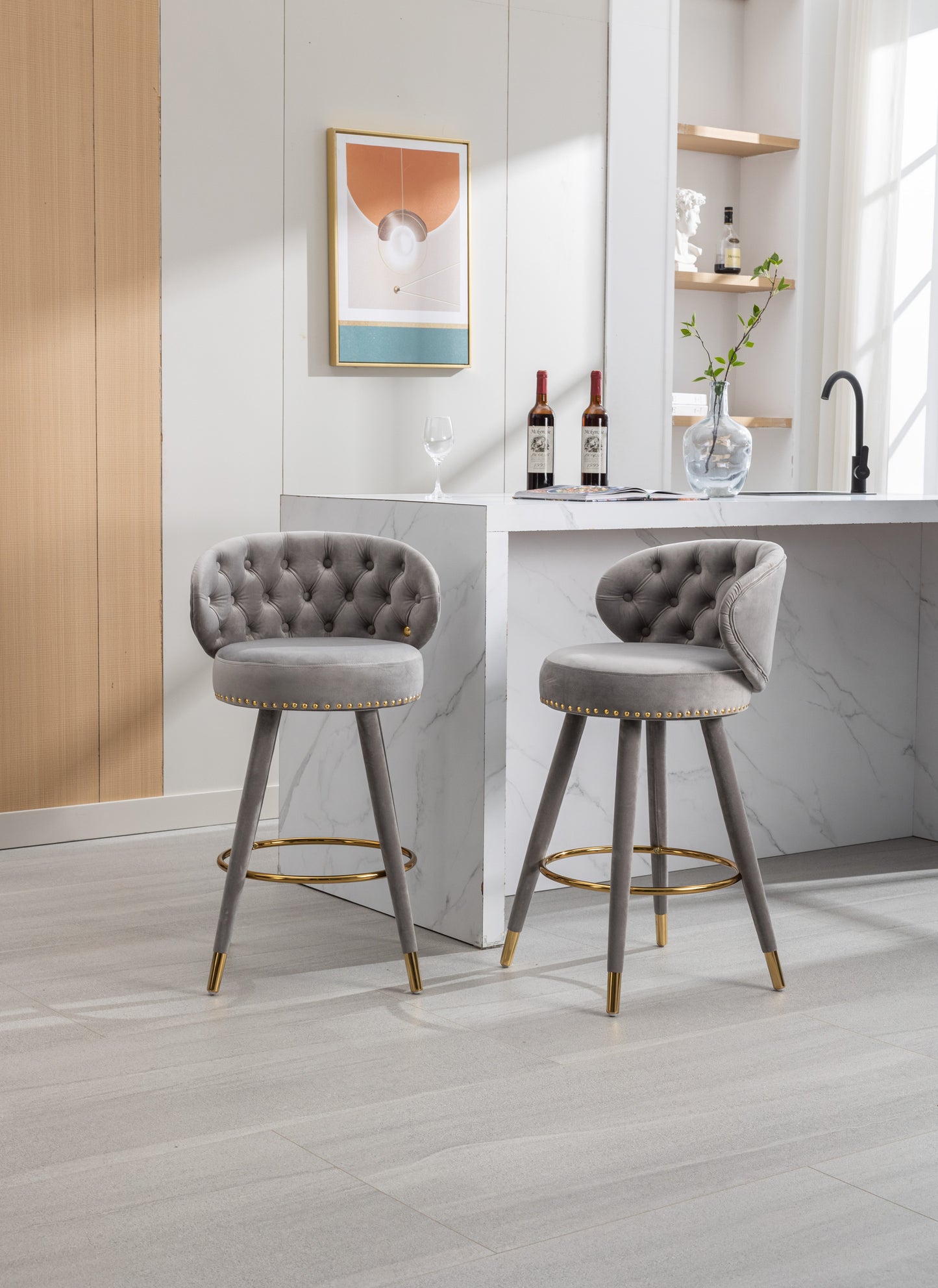 Luthiana - Set of 2 - 28" Gray Velvet Counter Height Bar Stools with 360° Swivel, Backrest, Footrest, and Solid Wood Legs