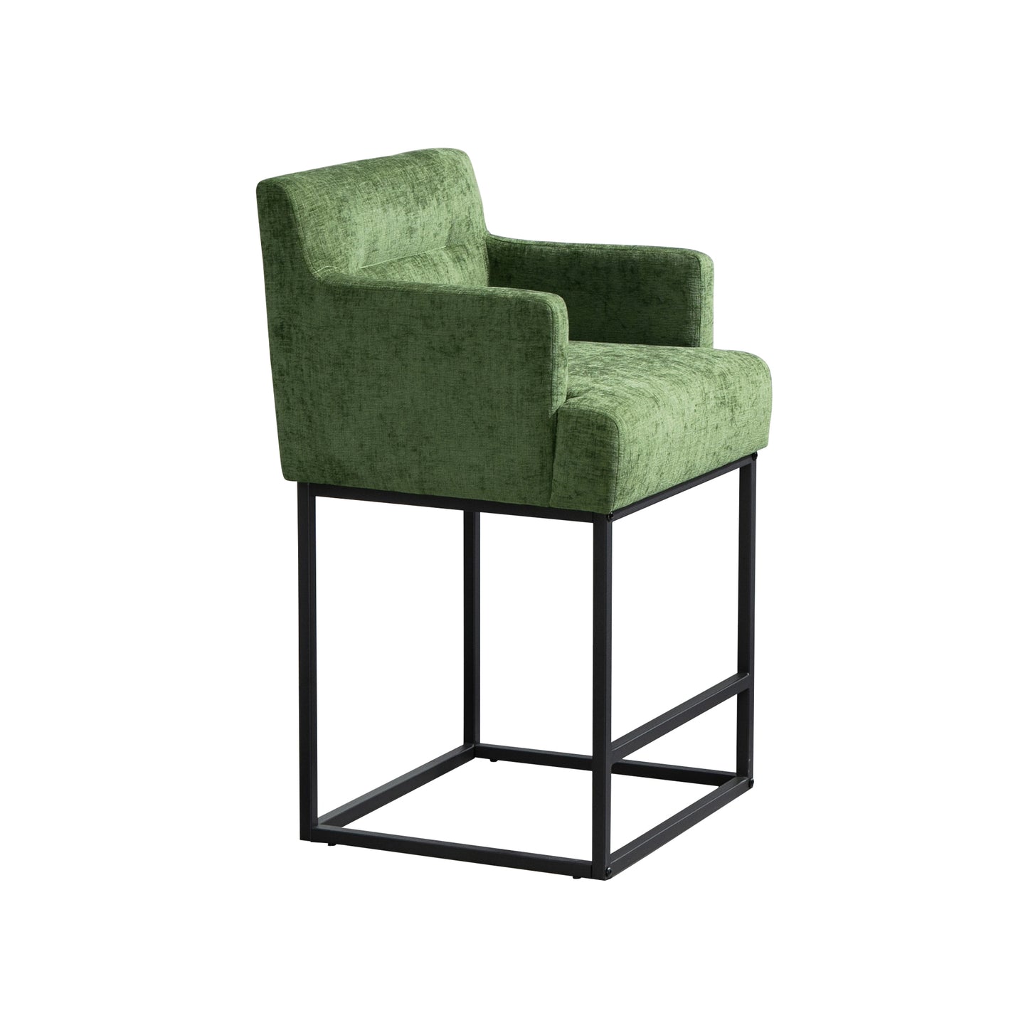 Neveo - Set of 2 - 26" Green Upholstered Chenille Counter Height Bar Stools with Black Metal Frame - Modern Square Design for Kitchen Island or Pub