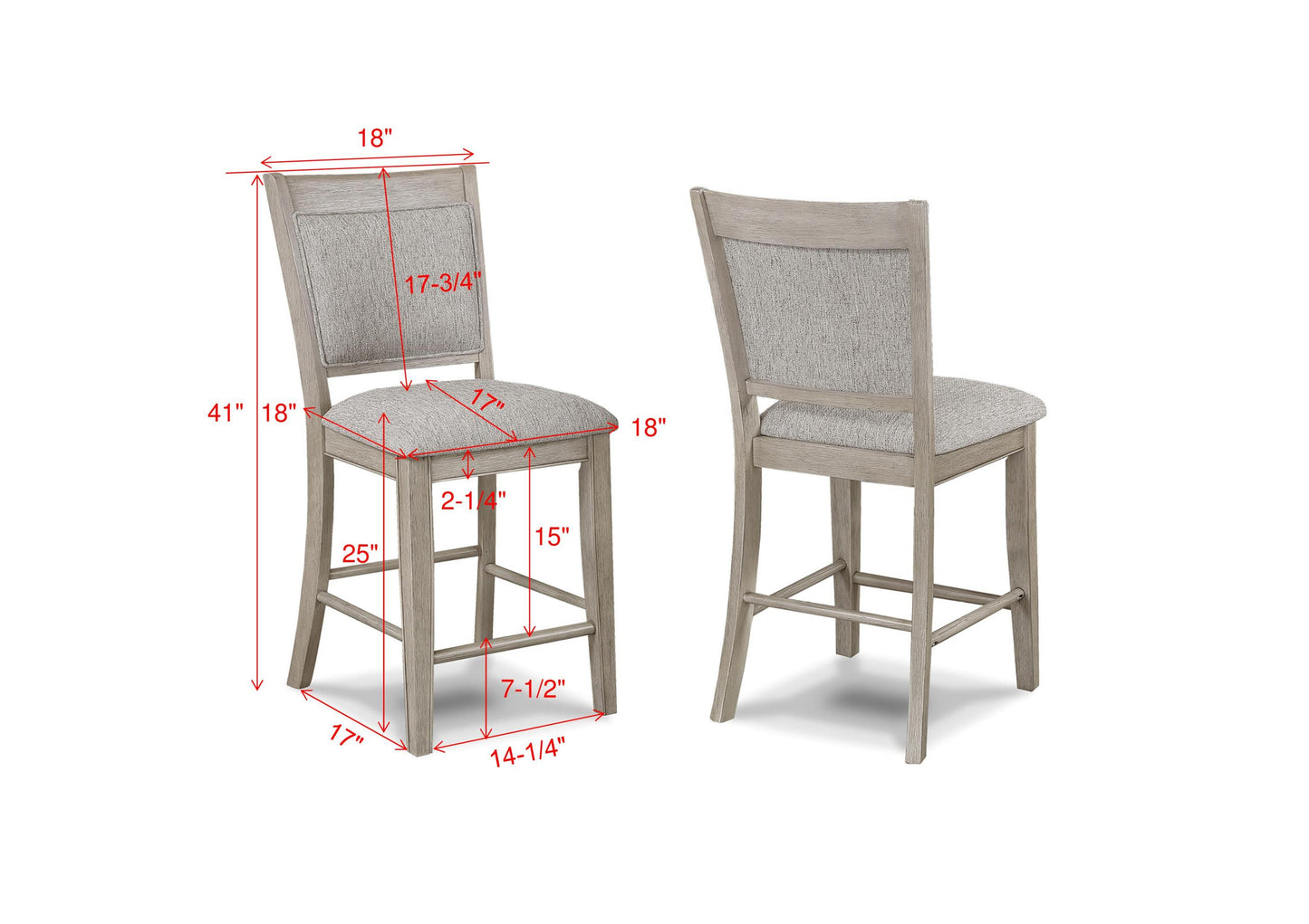 Hermione - Set of 2 - 26" Tan/Beige Gray Farmhouse Counter Stools with Upholstered Seat & Back