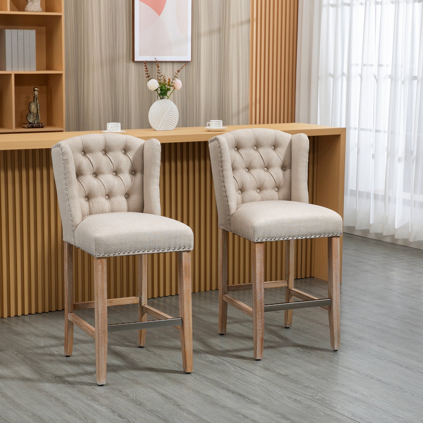 Bridgemore - Set of 2 - 26" Beige Counter Height Bar Stools with Solid Wood Legs