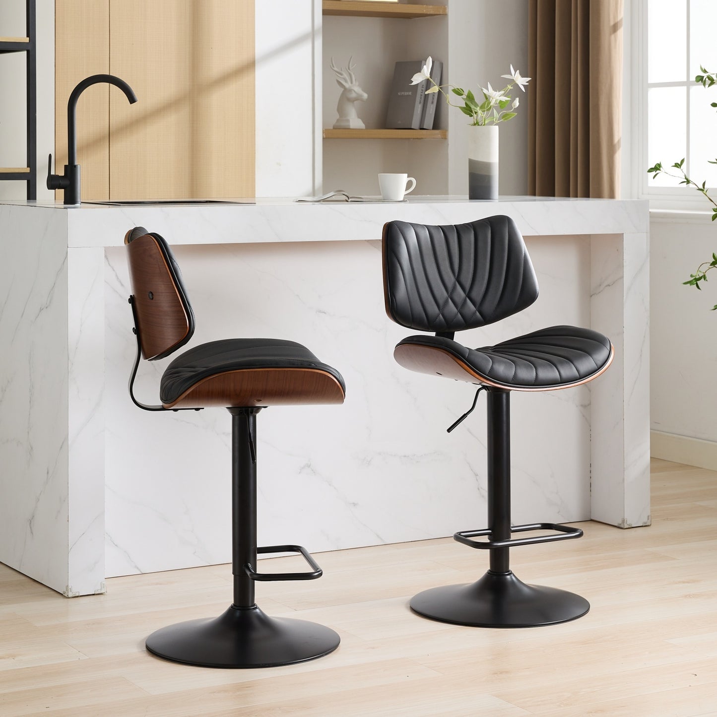 Alessa - Set of 2 - 26" Adjustable Walnut Bentwood & Black Leather 360° Swivel Bar Stools