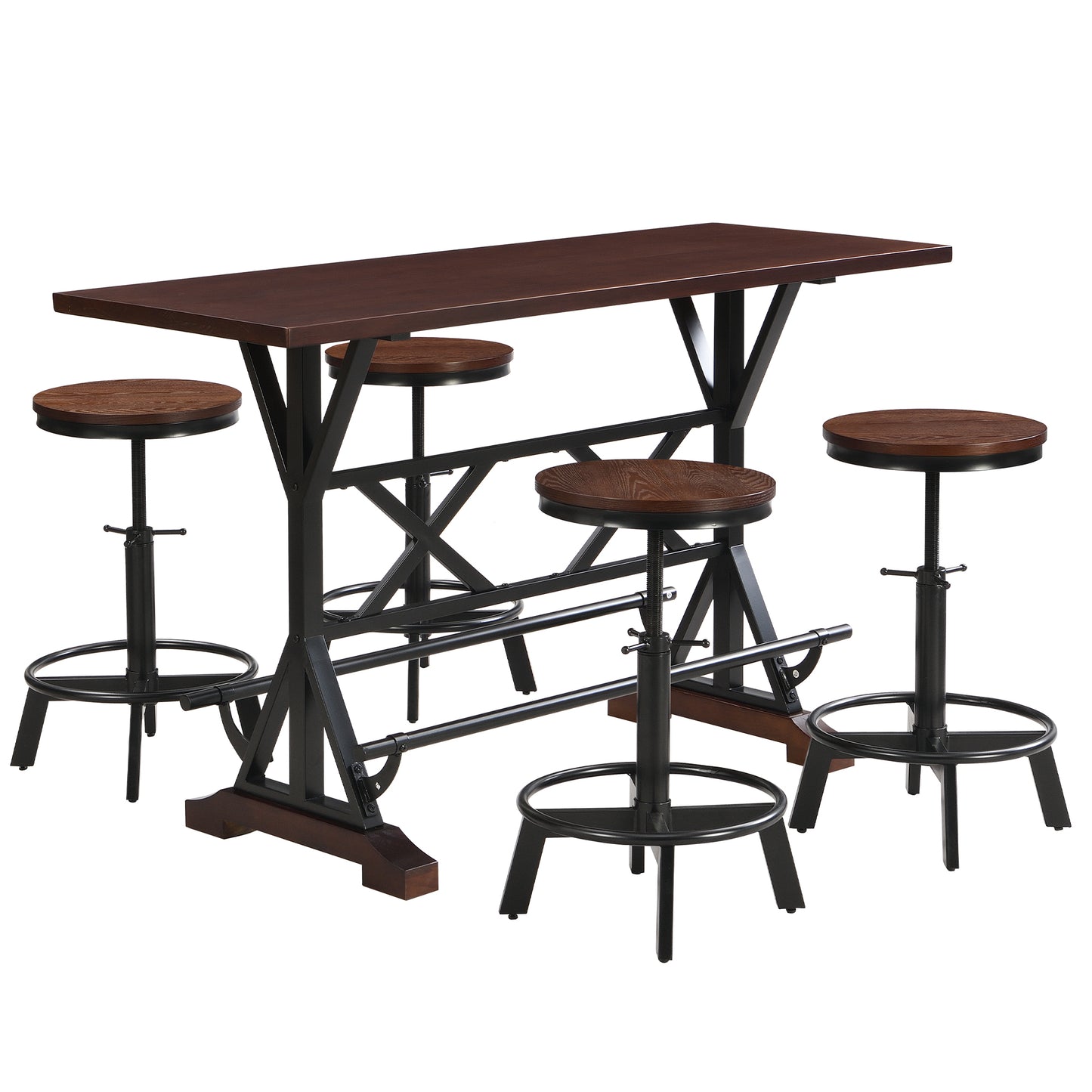 Merton - Set of 2 - 25" Adjustable Swivel Counter Stools with Rectangular Pine Wood Table in Rustic Espresso Finish, Perfect for Compact Living Spaces