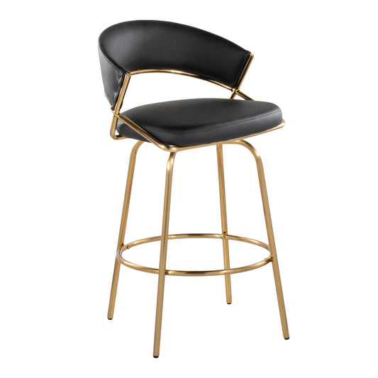 Jie - Set of 2 - 30" Fixed-Height Counter Stools with Black Faux Leather, Gold Metal Frame, and 360° Swivel, Contemporary Style