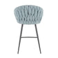 Matil - Set of 2 - 26" Braided Counter Stools with Black Metal Frame, Grey Faux Leather, and Blue Fabric Upholstery