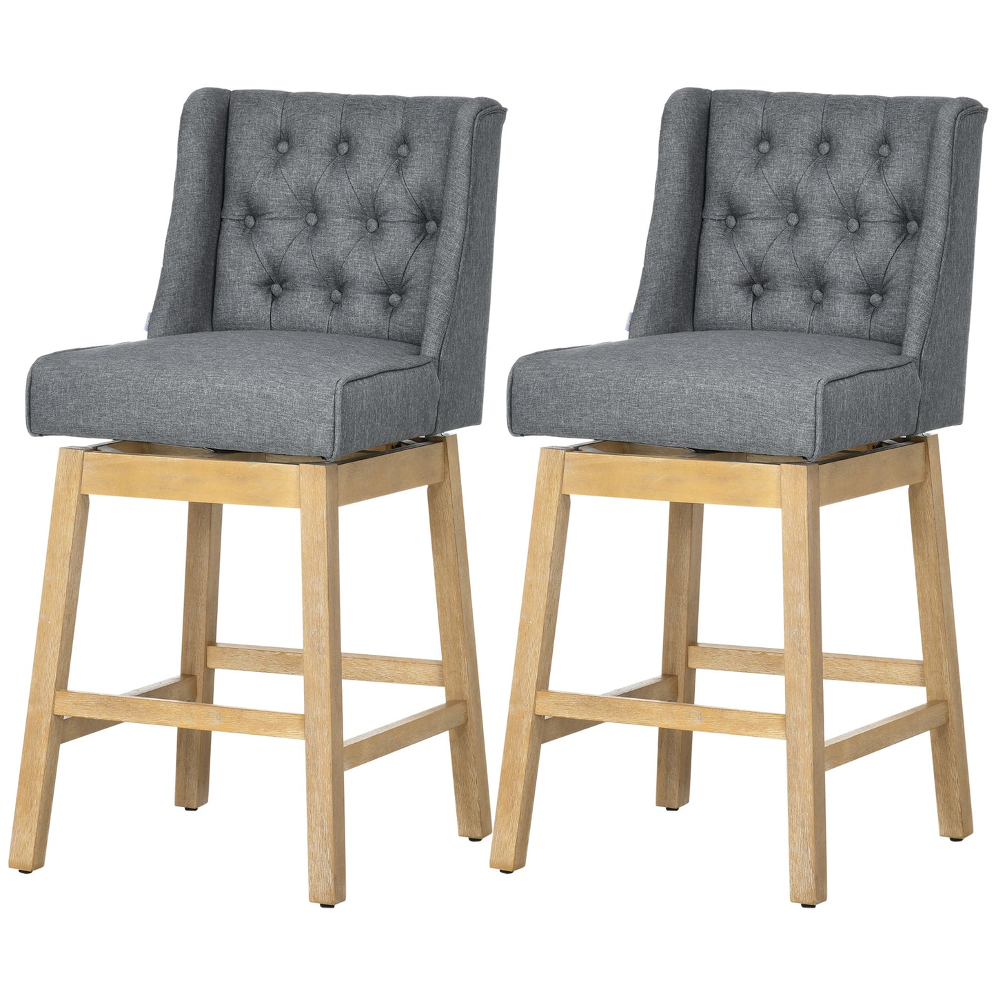 Hercules - Set of 2 - 30" Bar Height Bar Stools with 180° Swivel, Gray Button Tufted Design, and Solid Wood Footrests for Kitchen & Dining