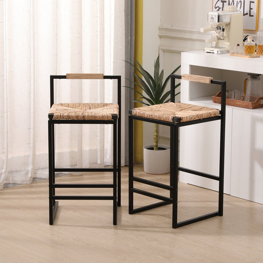 Solange - Set of 2 - 16.54" Rustic Water Hyacinth Woven Bar Stools with Backrest, Natural Finish and Black Metal Frame, Counter Height Dining Chairs