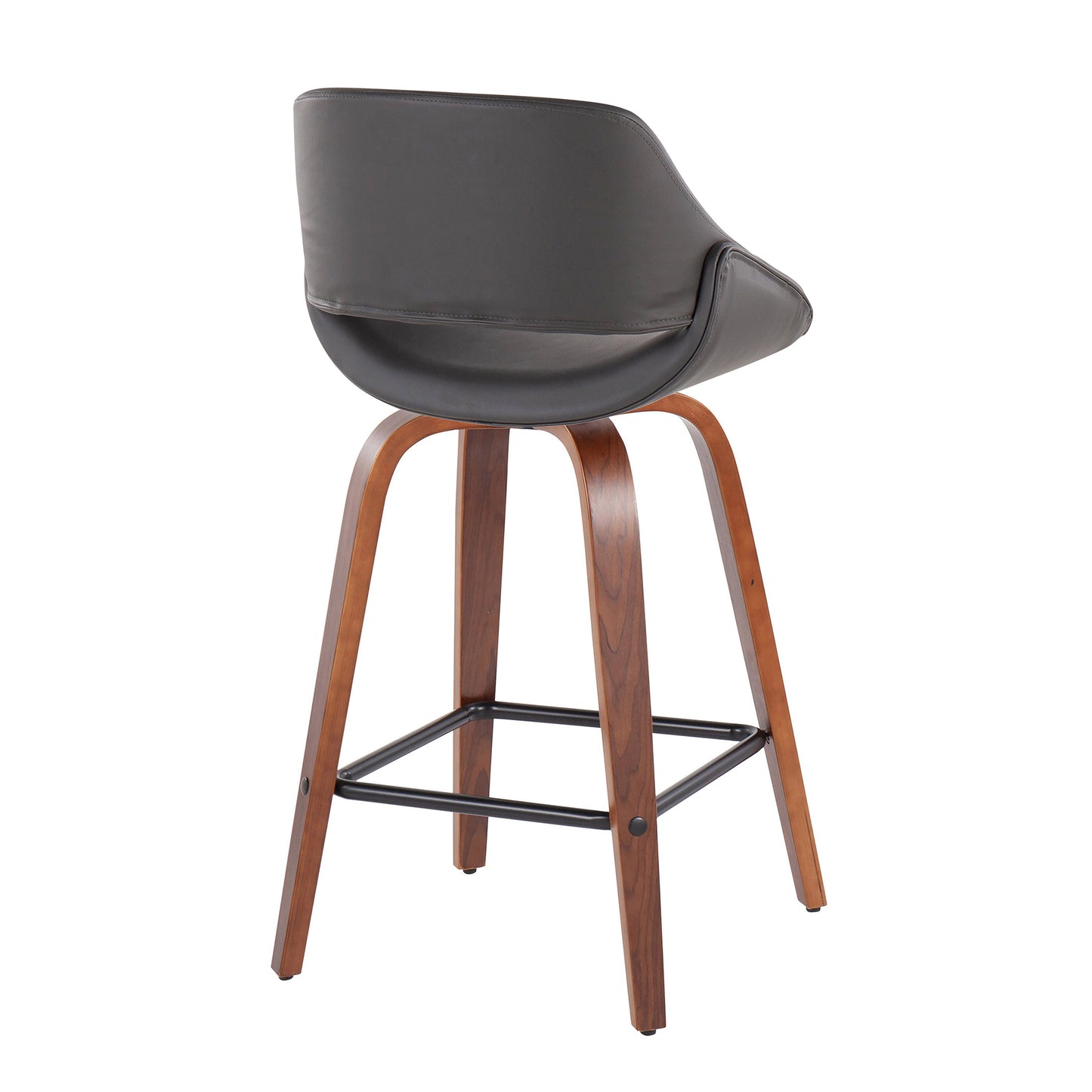 Emrys - Set of 2 - 30" Fixed-Height Mid-Century Modern Counter Stool with Walnut Wood, Grey Faux Leather, and Square Black Footrest