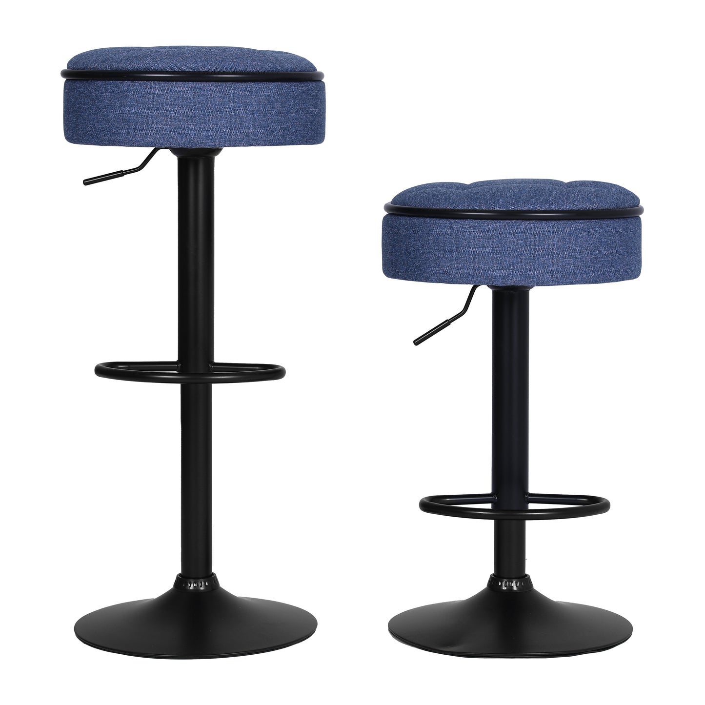 Veynard - Set of 2 - 24" Blue Linen Adjustable Bar Stools with 360° Swivel, Metal Frame for Kitchen and Dining