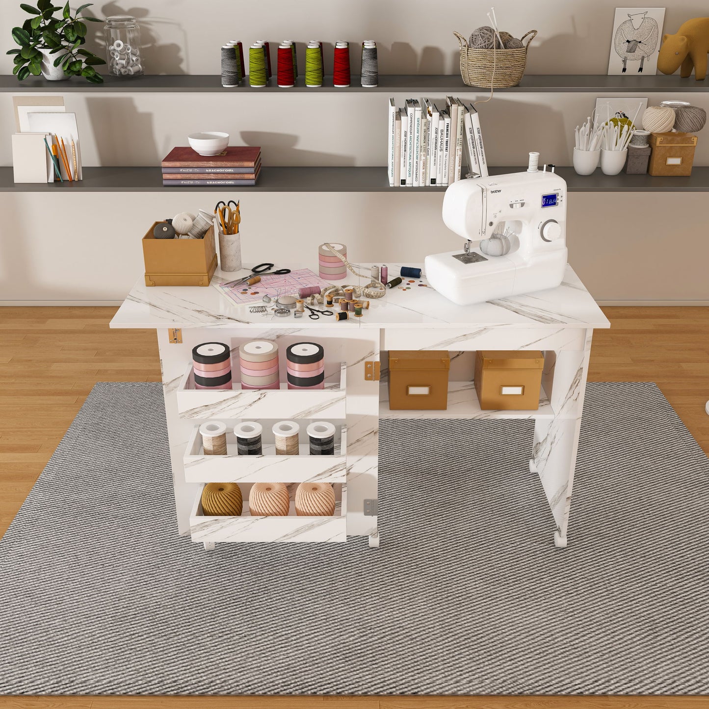 4 In 1 Folding Sewing Table With Lockable Wheels, Multi Functional Craft Station - White