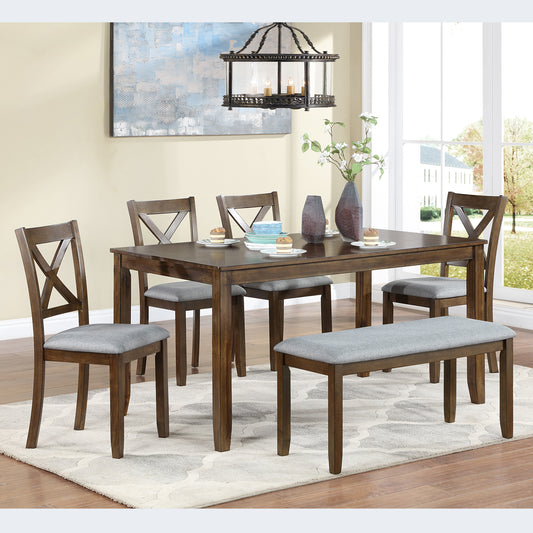 Walnut - Set of 6 - 24" Kitchen Dining Set – Rectangular Table with Upholstered Chairs & Bench, Acacia Wood, Seats 6 (58.5'' x 34.5'' x 30'')