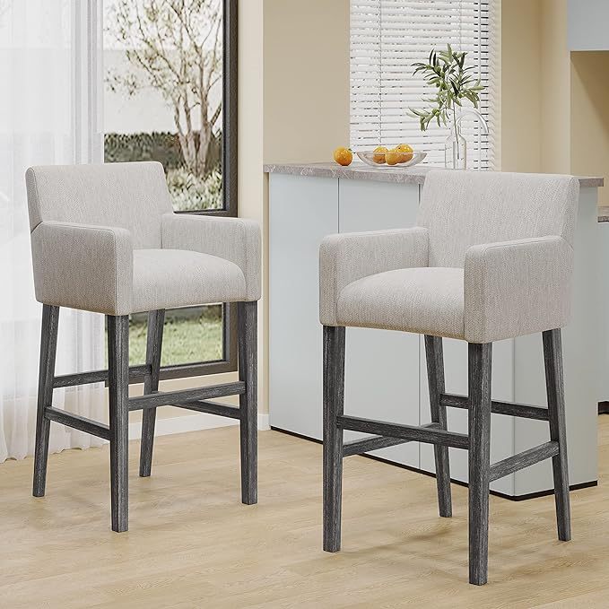 Amelea - Set of 2 – 31" Upholstered Counter Stools with Light Gray Fabric and Rubberwood Frame