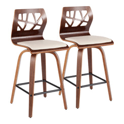 Fairfax - Set of 2 - 26" Cream Faux Leather Counter Stools Mid-Century Modern Walnut Wood Design Padded Upholstered Seat